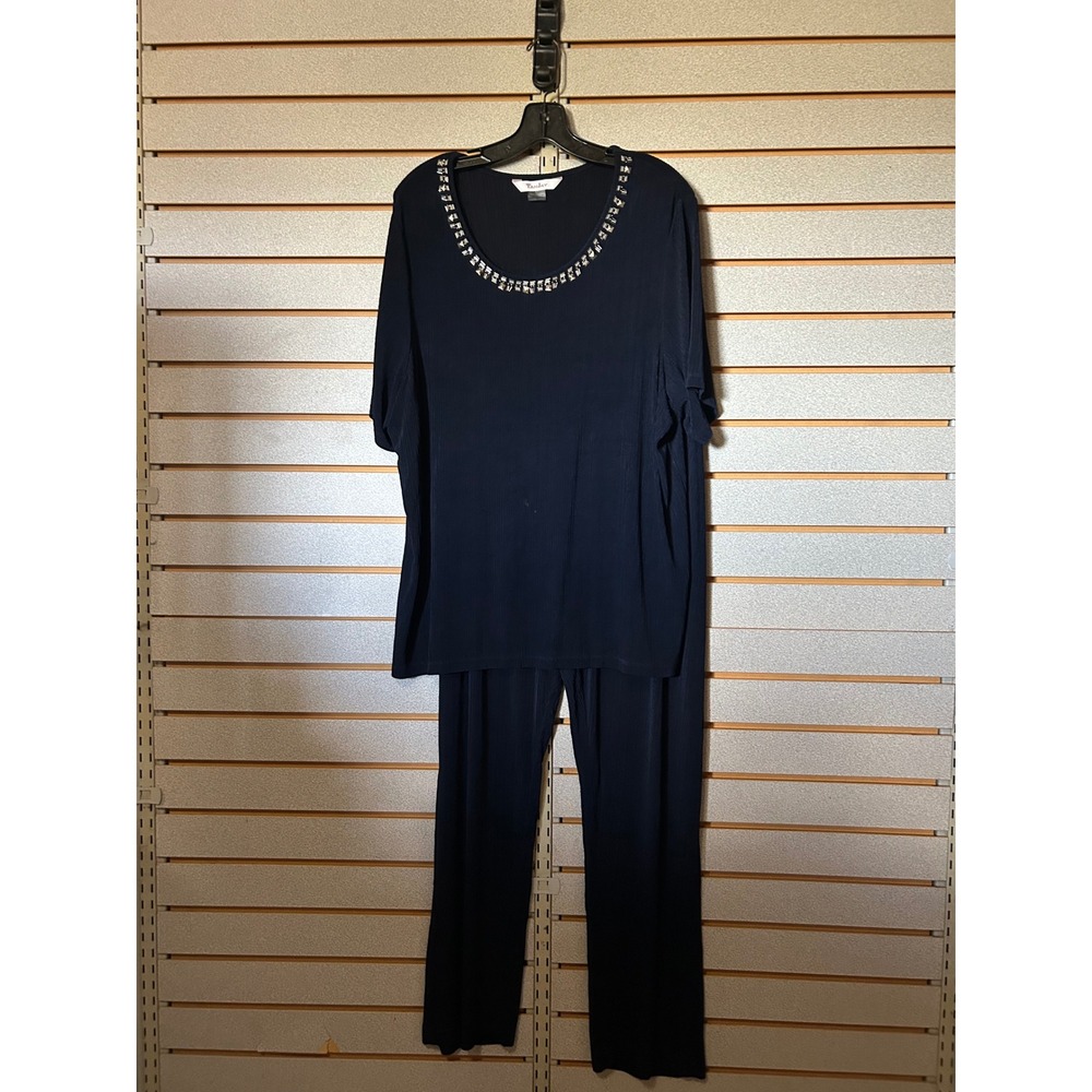 Tanjay Navy Blue Ribbed Knit 2 Piece Pant Set Embellished Neckline 3X 18W